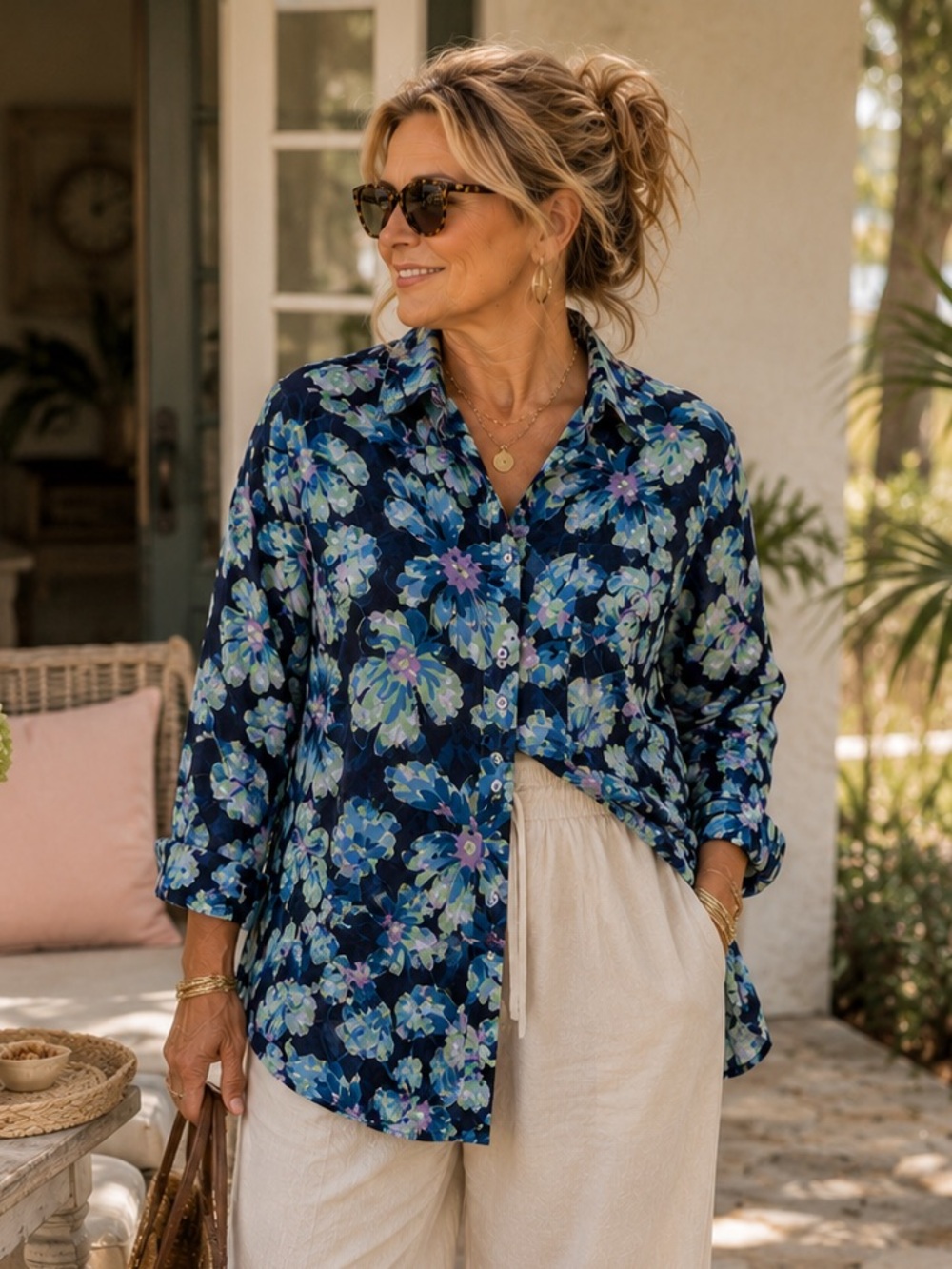 Luxury Linen Floral Button Up Coastal Tunic Top 1X